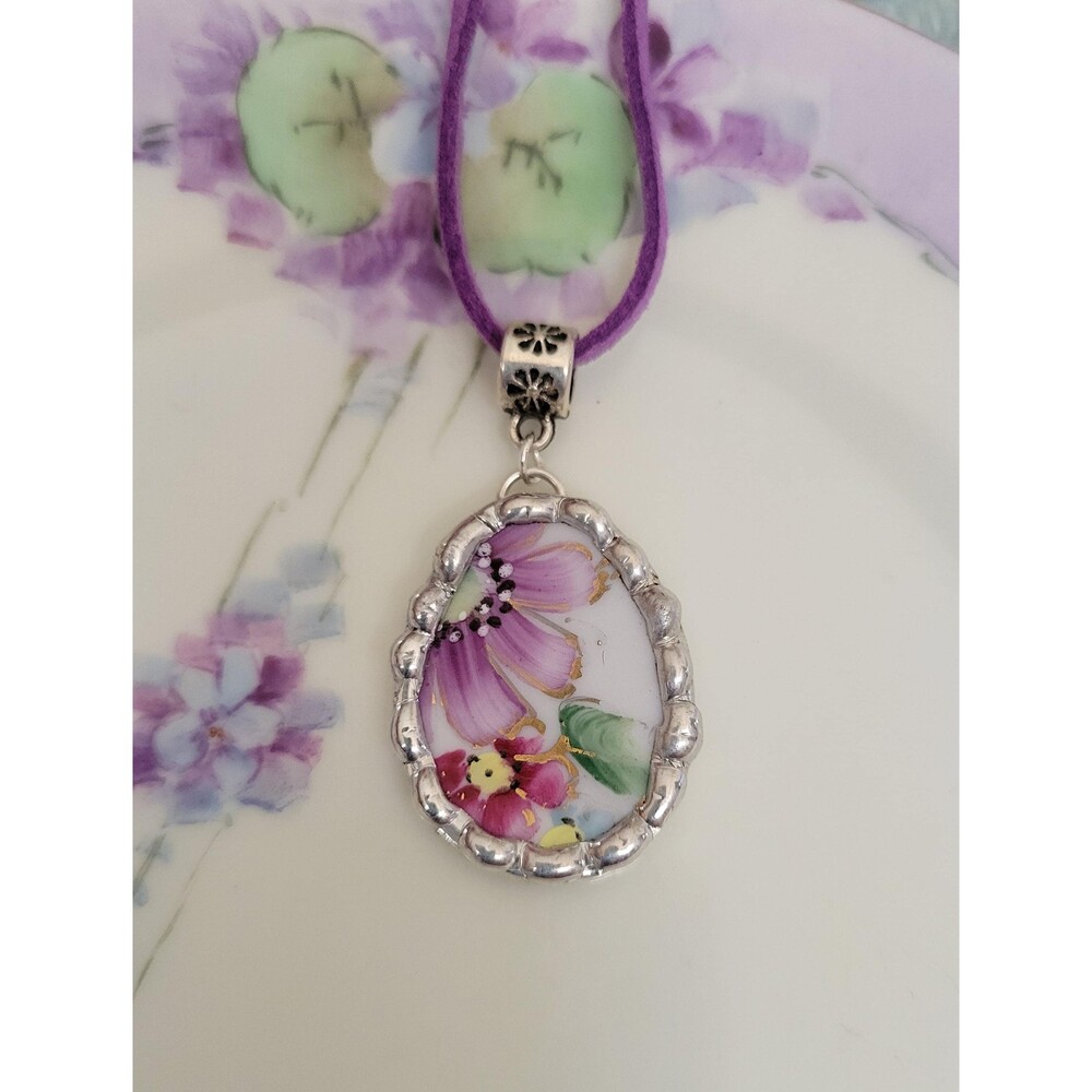 Broken China "Cluj-Napoca Romania" Purple Flowers Soldered Pendant Necklace